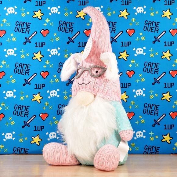 Spring Gnome Plush Wearing Pink Hat w/ Reading Glasses & White Sequin Bunny Ears - Picture 6 of 11